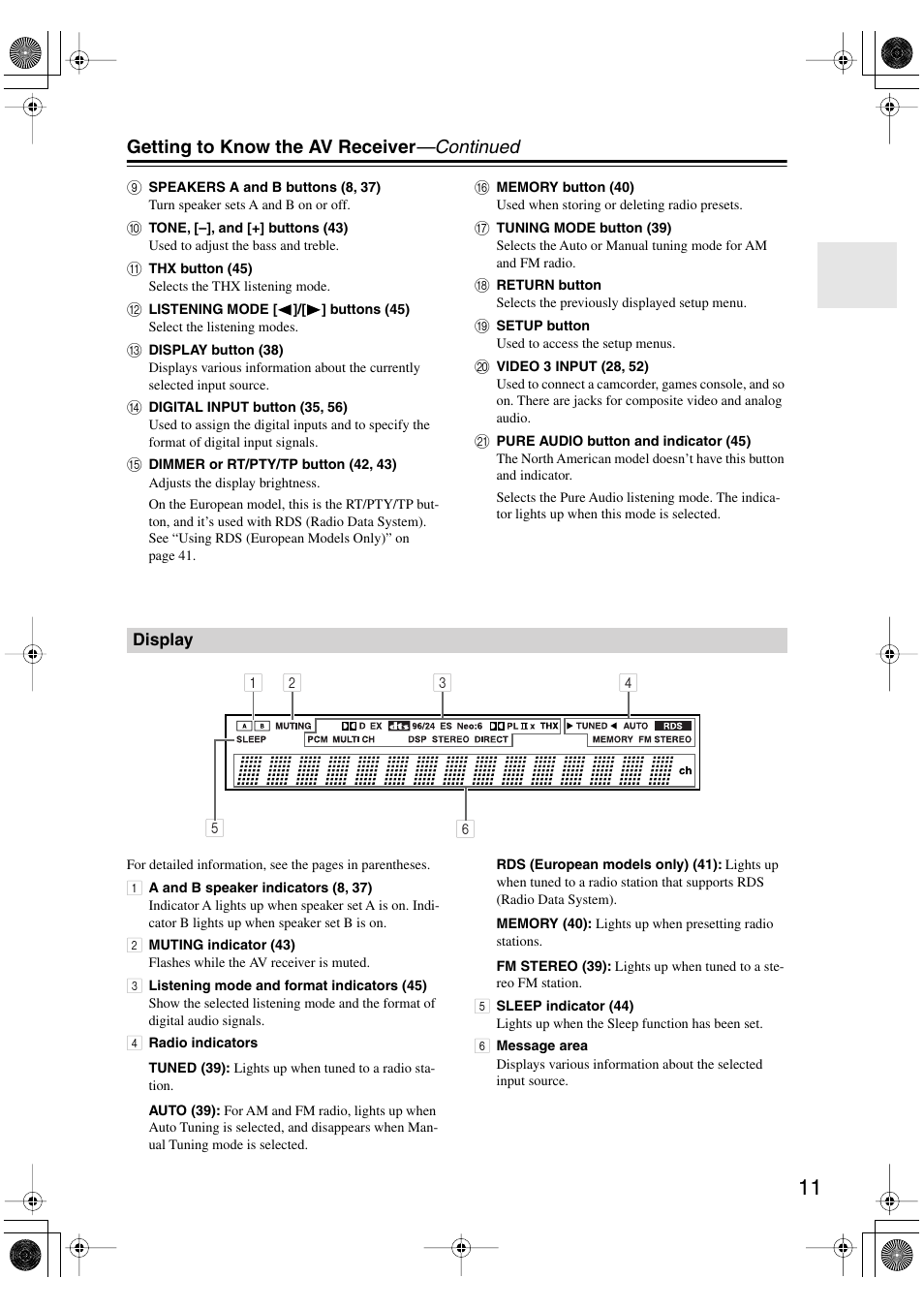 Display, Getting to know the av receiver —continued | Onkyo HT-S990THX User Manual | Page 11 / 68