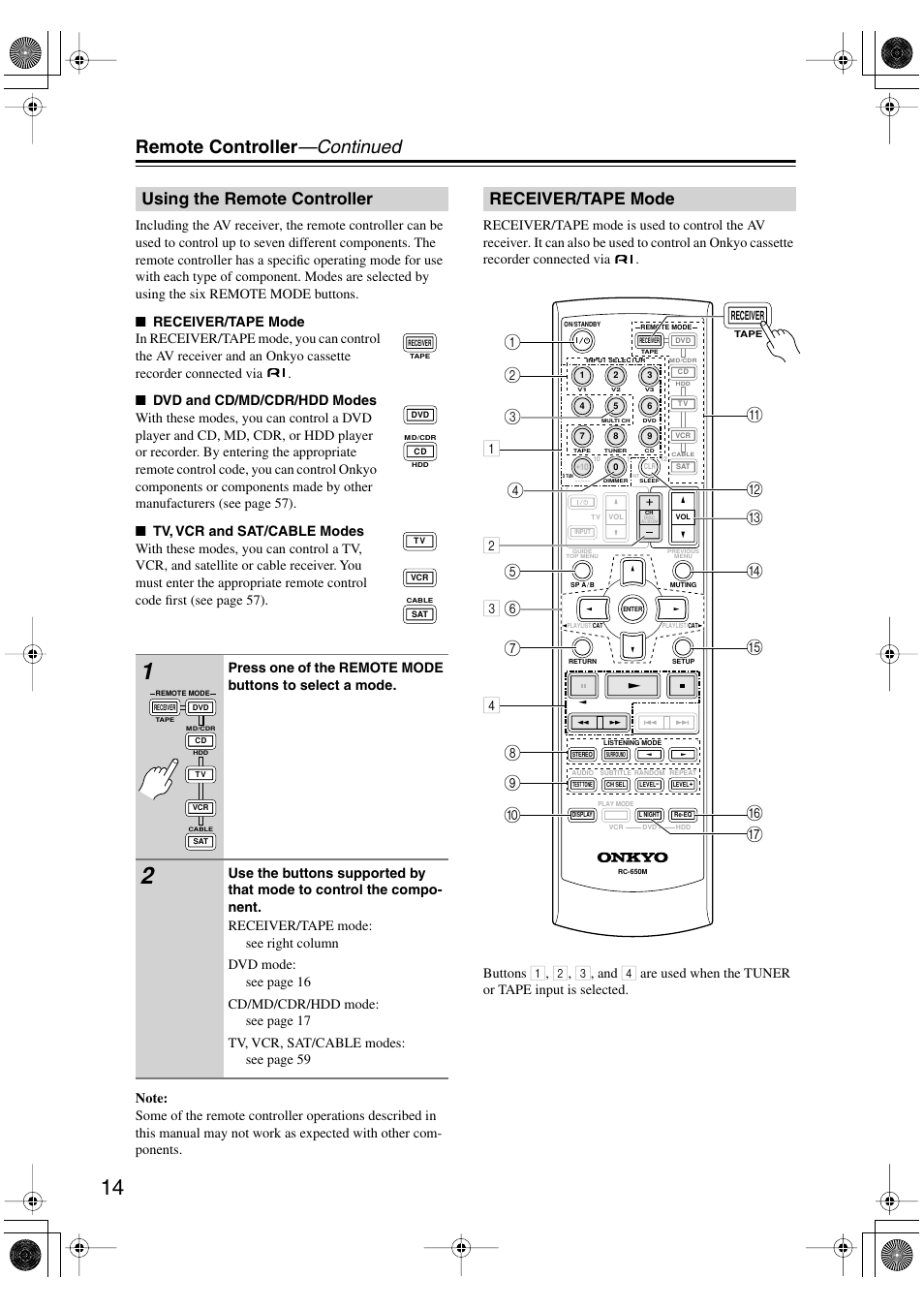 Using the remote controller, Receiver/tape mode, Remote controller —continued | L2 2 4 3 | Onkyo HT-S990THX User Manual | Page 14 / 68