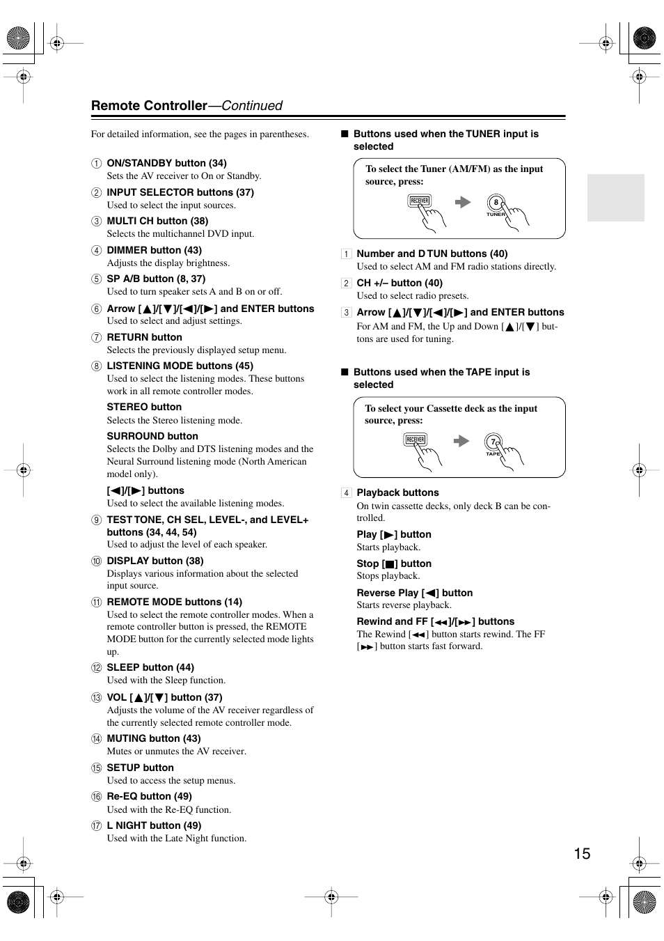 Remote controller —continued | Onkyo HT-S990THX User Manual | Page 15 / 68