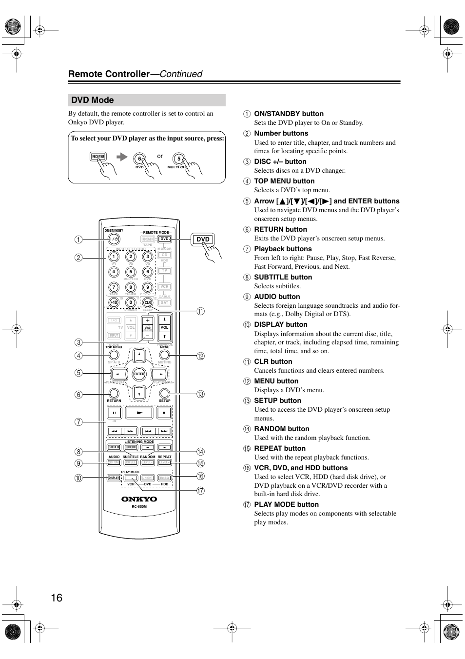 Dvd mode, Remote controller —continued | Onkyo HT-S990THX User Manual | Page 16 / 68