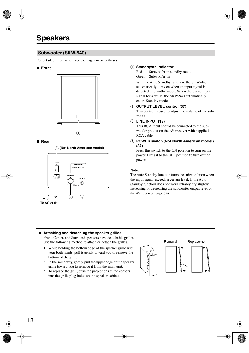 Speakers, Subwoofer (skw-940) | Onkyo HT-S990THX User Manual | Page 18 / 68