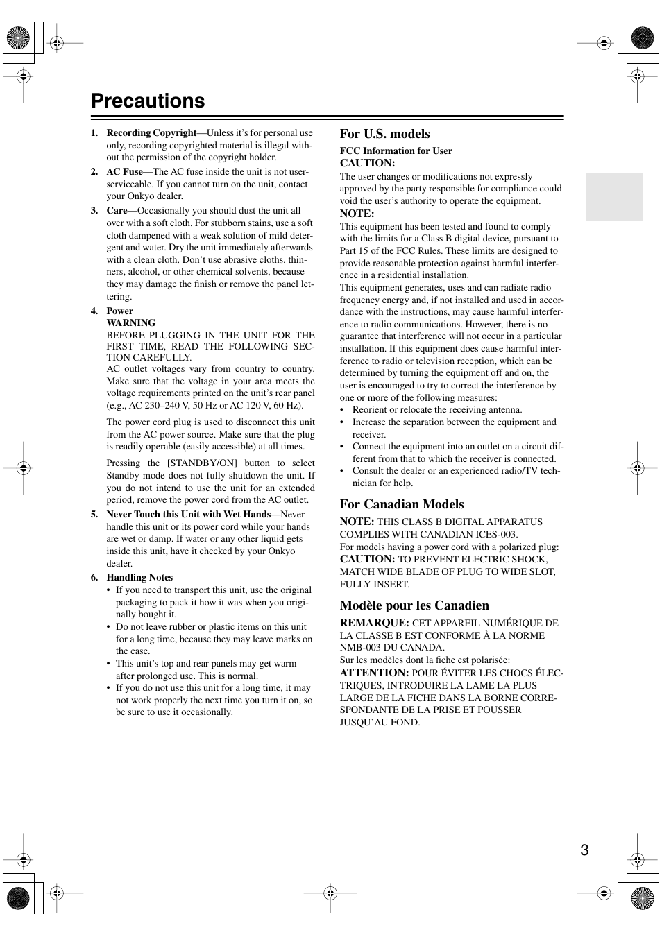 Precautions, For u.s. models, For canadian models | Modèle pour les canadien | Onkyo HT-S990THX User Manual | Page 3 / 68