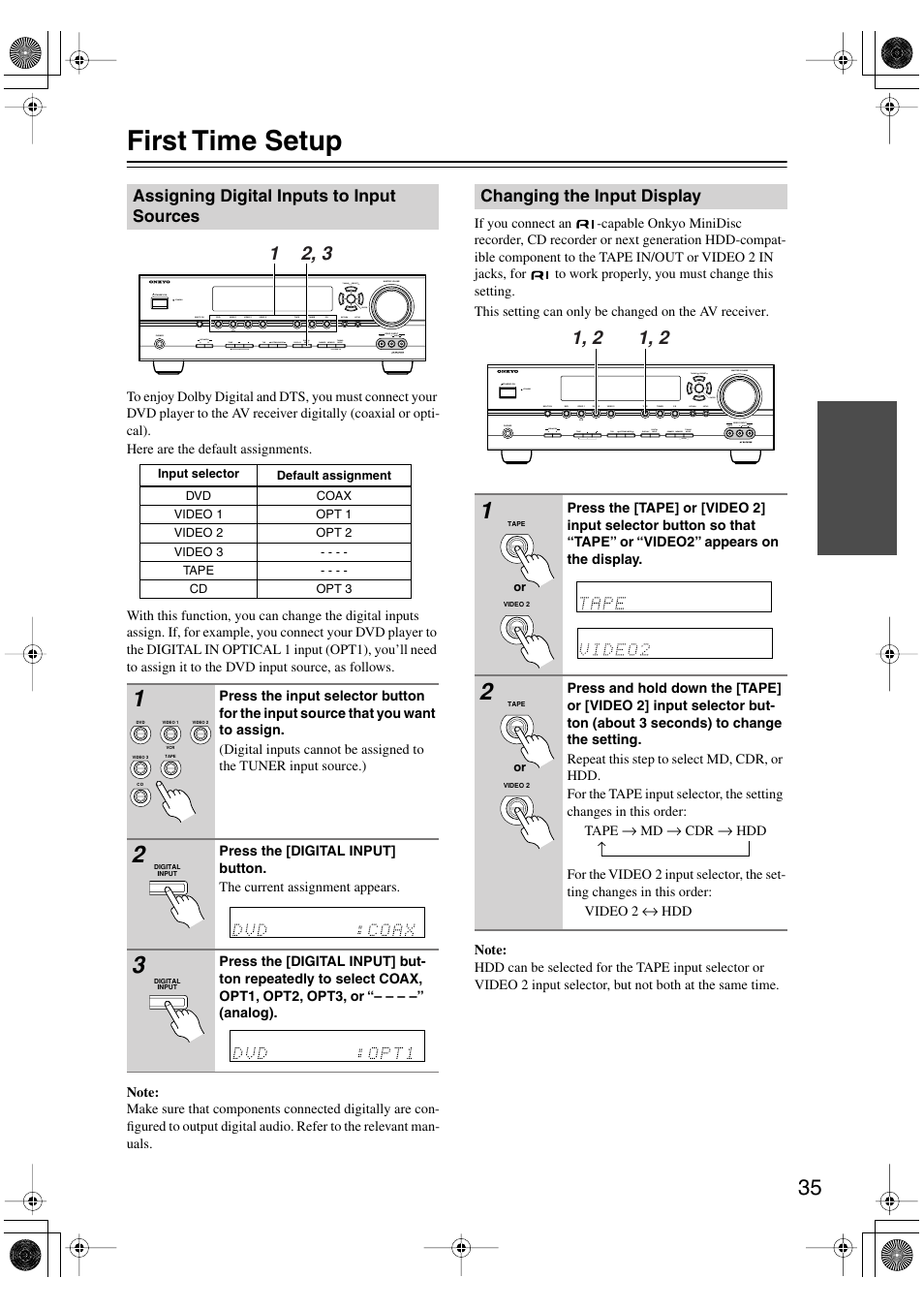 First time setup, Assigning digital inputs to input sources, Changing the input display | Utton (35 | Onkyo HT-S990THX User Manual | Page 35 / 68