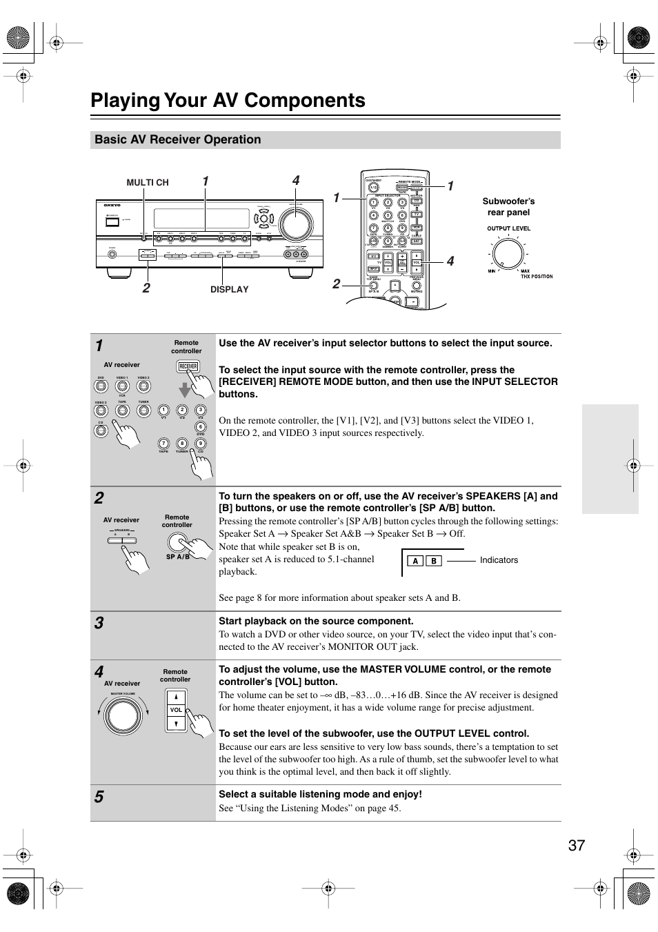 Playing your av components, Basic av receiver operation, Uttons (37) | Ol (37), Utton (37), Setup return clear listening mode audio l r, Tuning preset enter, Speaker set a&b, Speaker set b | Onkyo HT-S990THX User Manual | Page 37 / 68