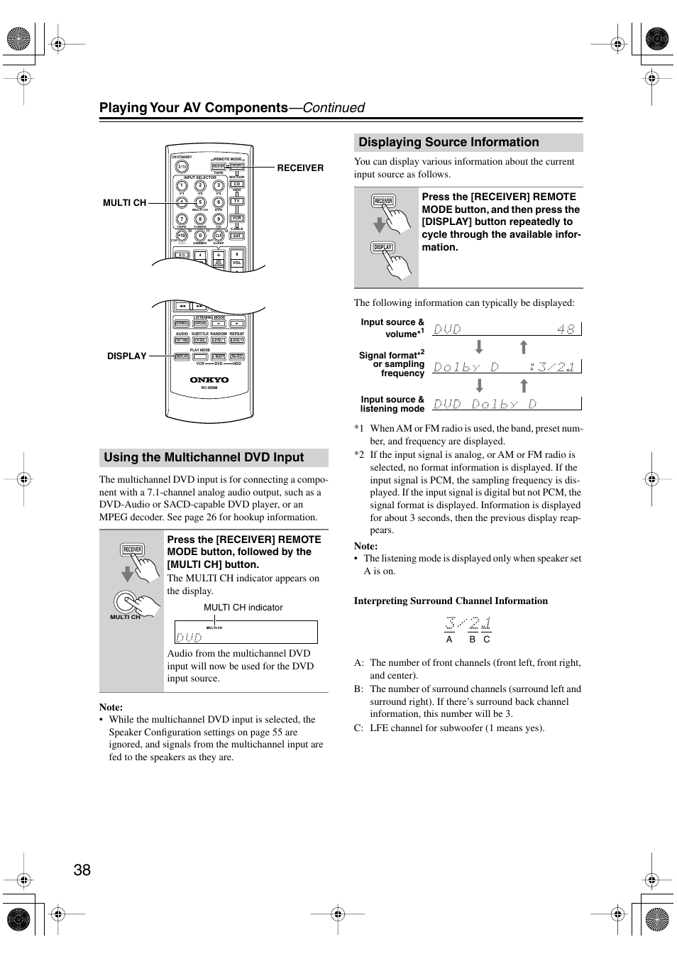 Using the multichannel dvd input, Displaying source information, Utton (38) | Playing your av components —continued | Onkyo HT-S990THX User Manual | Page 38 / 68
