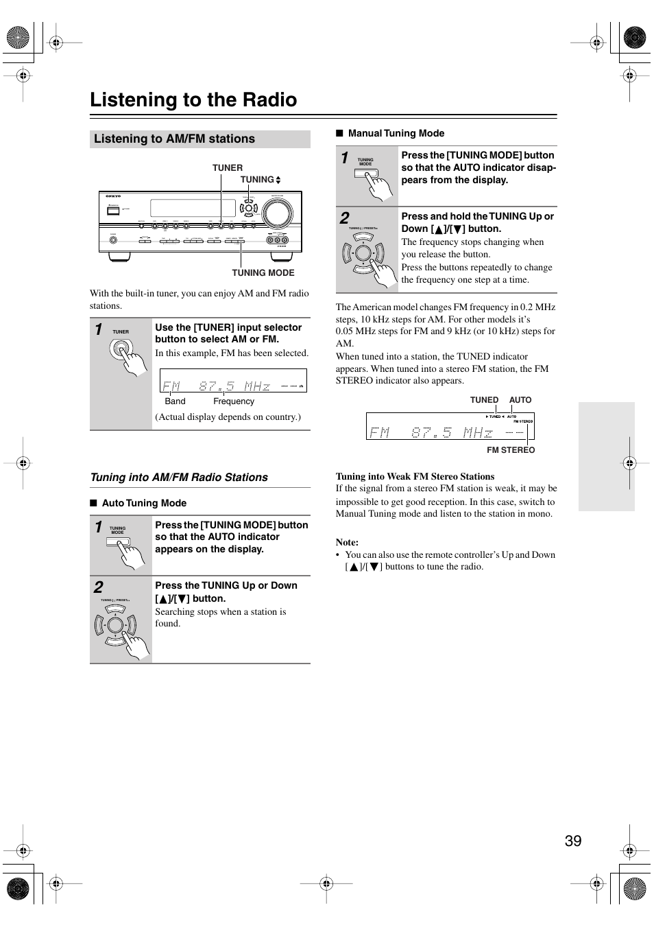 Listening to the radio, Listening to am/fm stations, Utton (39) | Tuned (39), Fm stereo (39) | Onkyo HT-S990THX User Manual | Page 39 / 68
