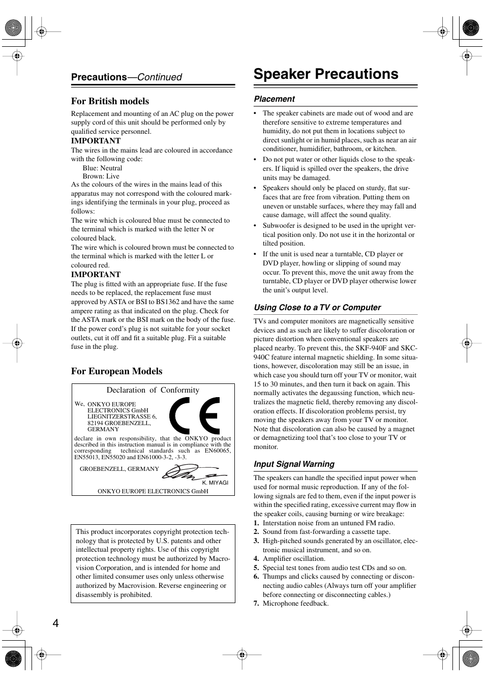 Speaker precautions, Precautions —continued for british models, For european models | Onkyo HT-S990THX User Manual | Page 4 / 68