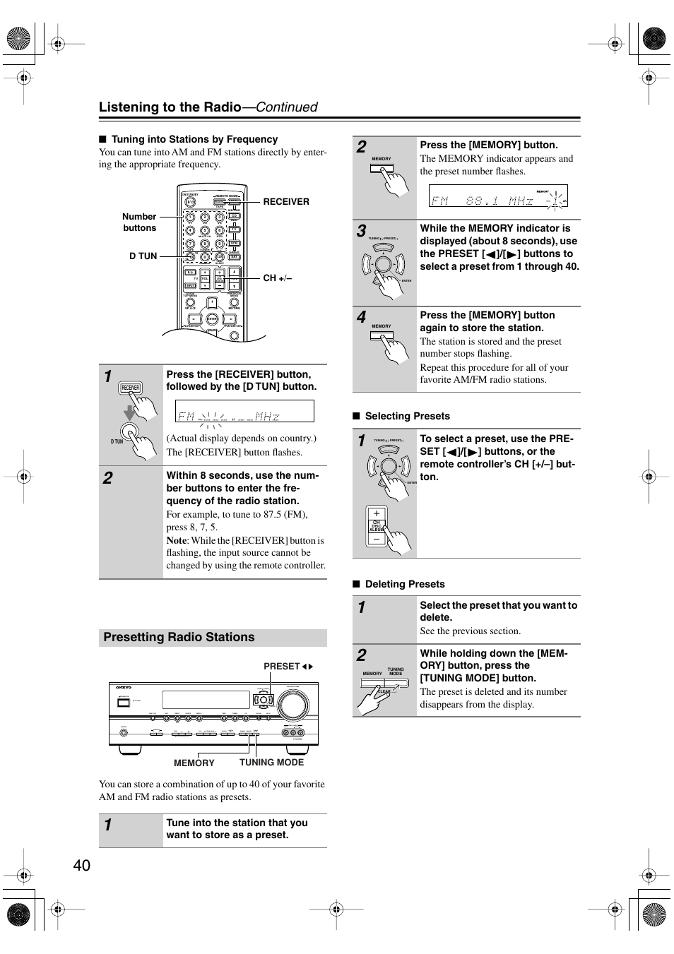 Presetting radio stations, Utton (40), Y (40) | Uttons (40), Listening to the radio —continued | Onkyo HT-S990THX User Manual | Page 40 / 68