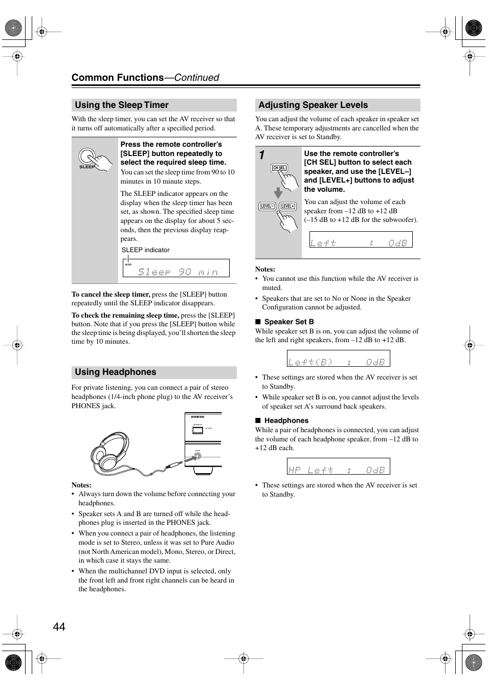 Using the sleep timer, Using headphones, Adjusting speaker levels | K (44), Sleep indicator (44), Utton (44), Common functions —continued | Onkyo HT-S990THX User Manual | Page 44 / 68