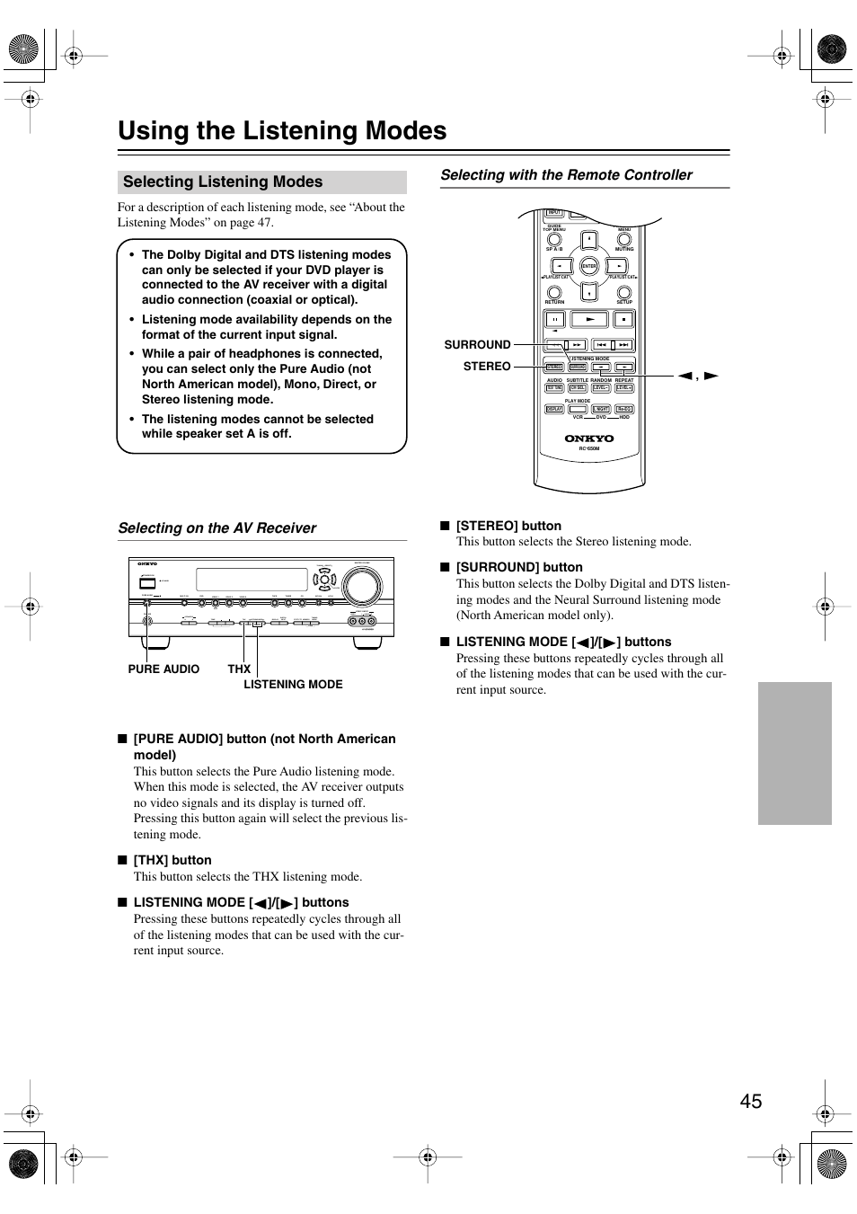 Using the listening modes, Selecting listening modes, Enjoying the listening modes | Utton (45), Uttons (45), Utton and indicator (45), S (45), Selecting on the av receiver, Selecting with the remote controller | Onkyo HT-S990THX User Manual | Page 45 / 68