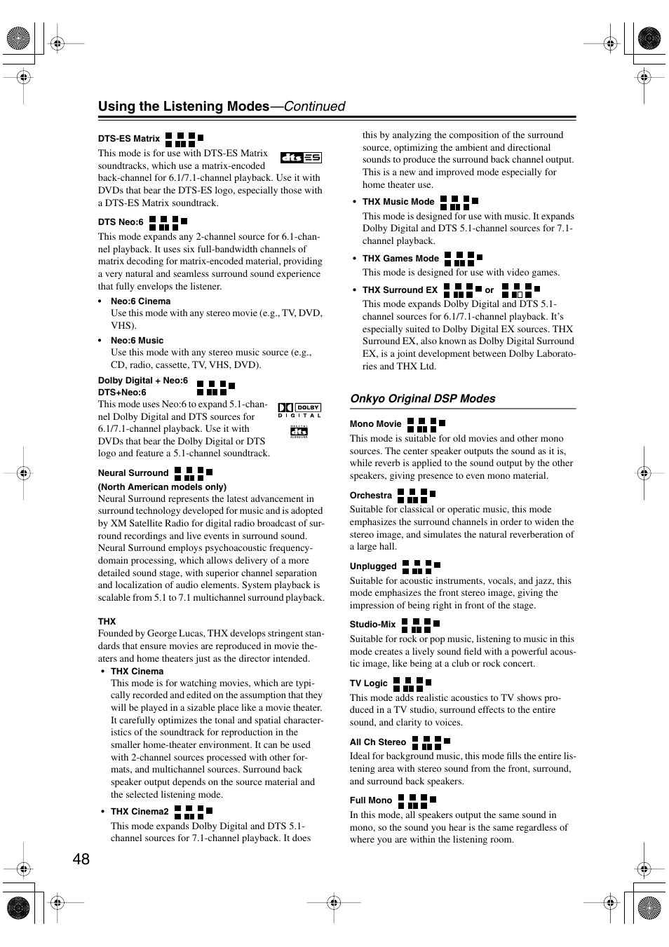Using the listening modes —continued | Onkyo HT-S990THX User Manual | Page 48 / 68