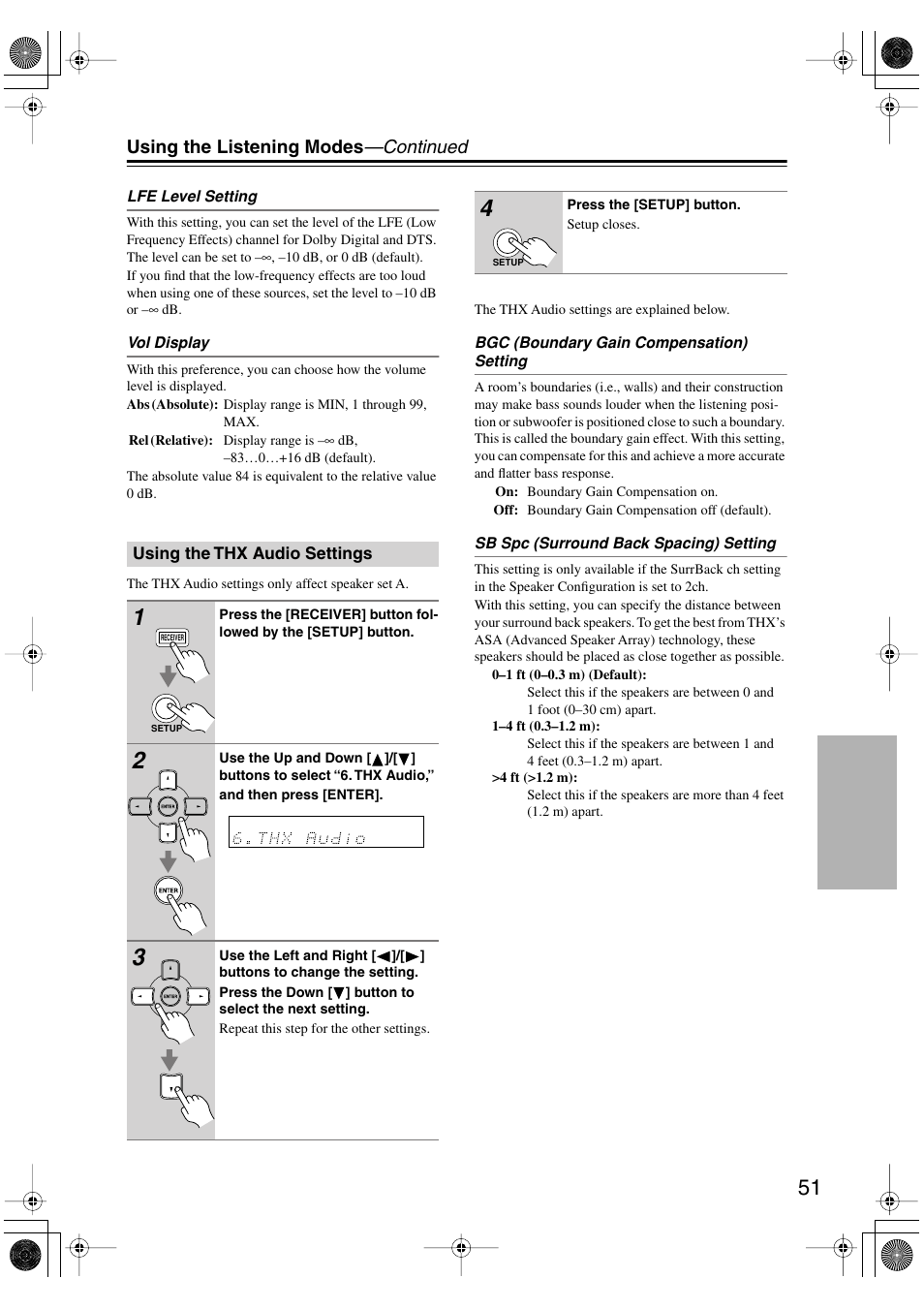 Using the thx audio settings, Using the listening modes —continued | Onkyo HT-S990THX User Manual | Page 51 / 68
