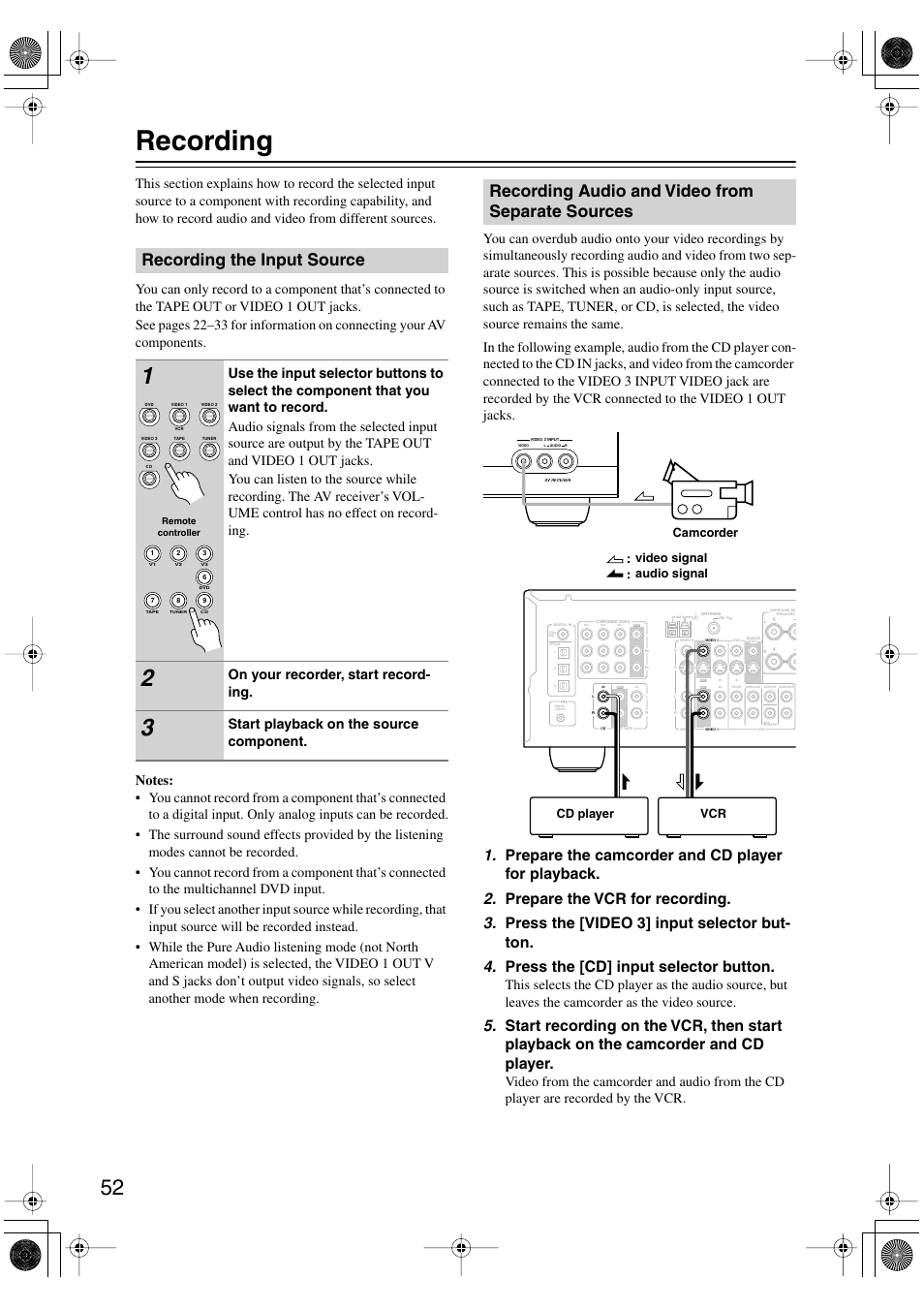Recording, Recording the input source, Recording audio and video from separate sources | On your recorder, start record- ing, Start playback on the source component | Onkyo HT-S990THX User Manual | Page 52 / 68