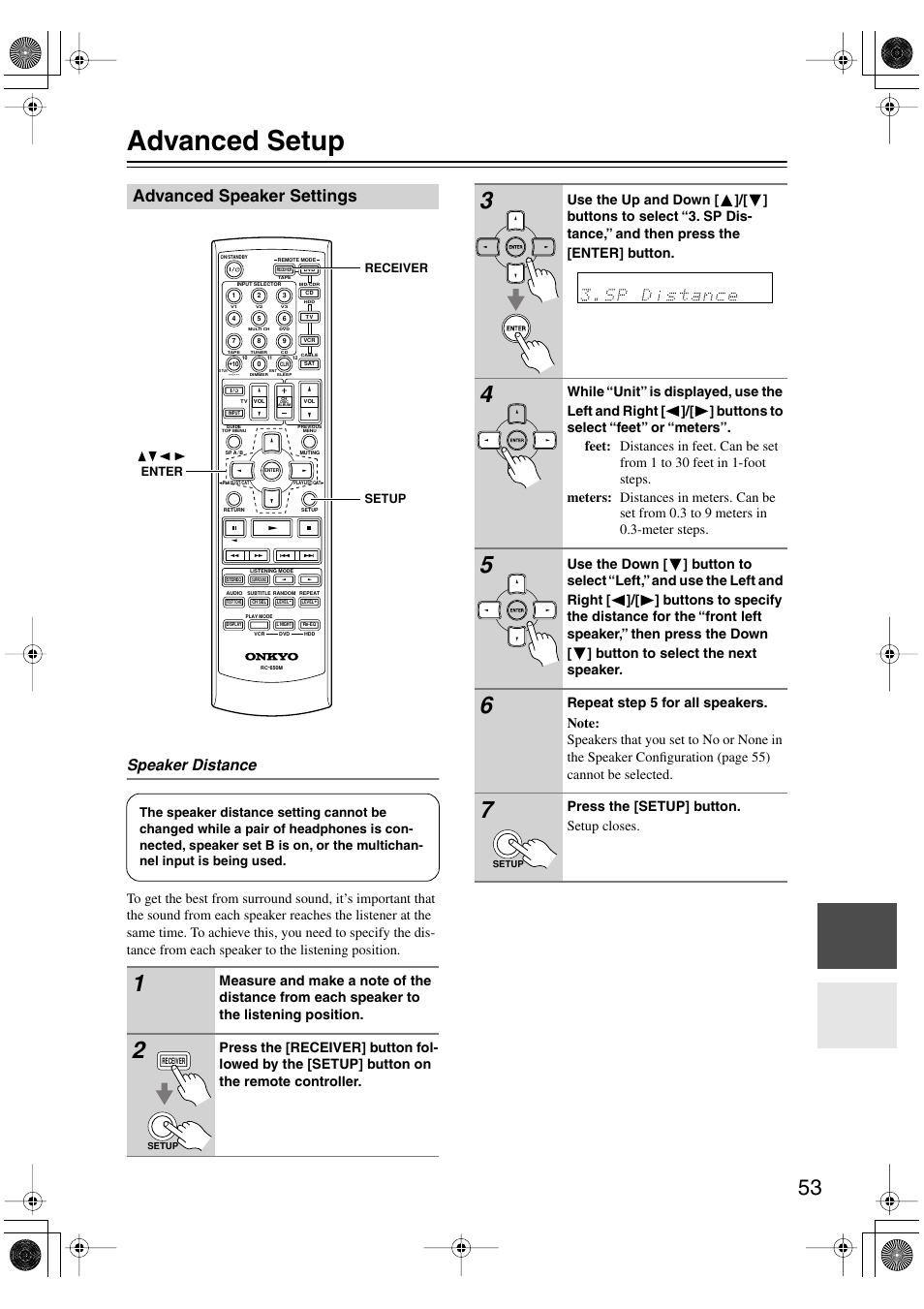 Advanced setup, Advanced speaker settings, Advanced operation | Speaker distance, Press the [setup] button. setup closes | Onkyo HT-S990THX User Manual | Page 53 / 68