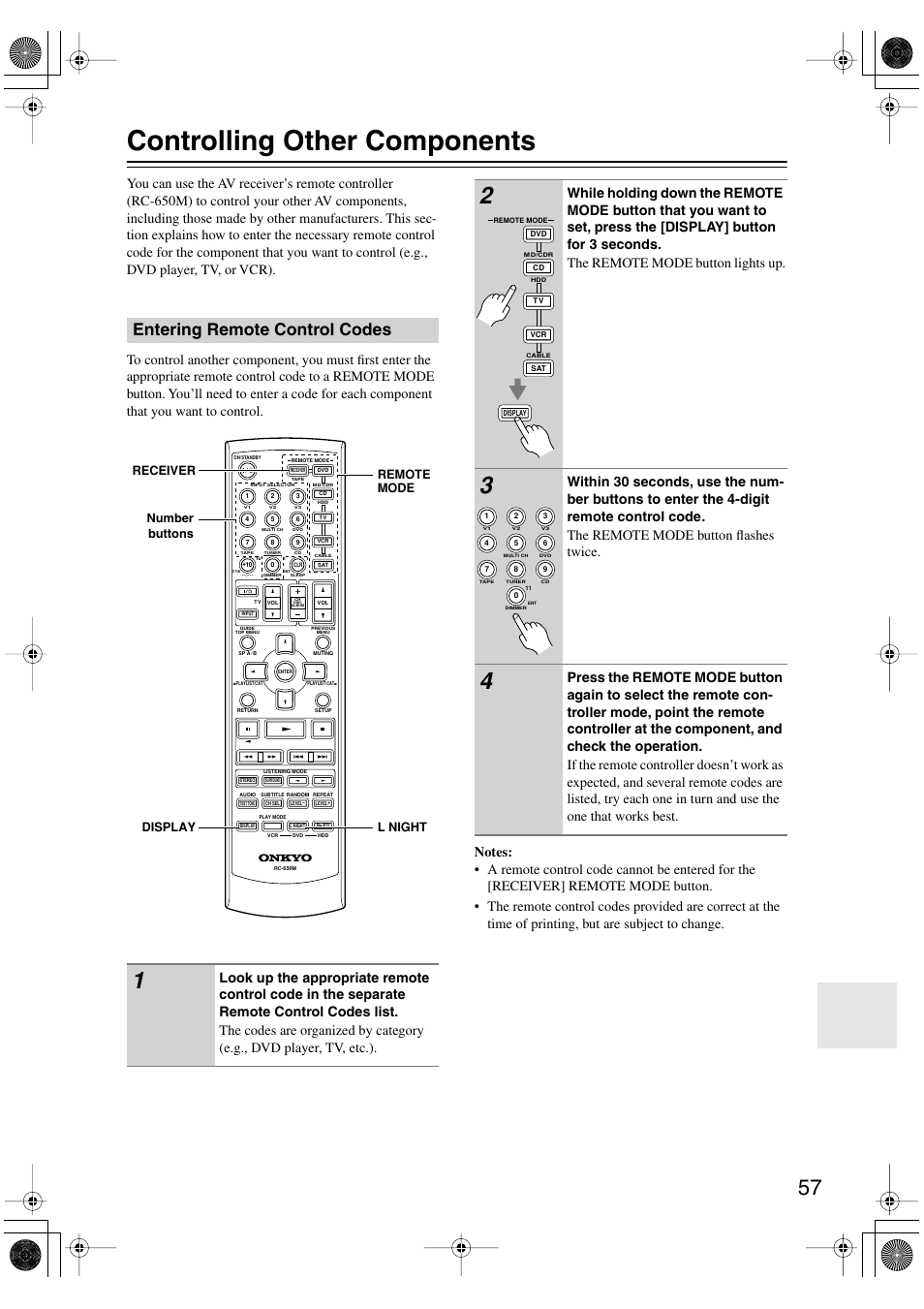Controlling other components, Entering remote control codes | Onkyo HT-S990THX User Manual | Page 57 / 68