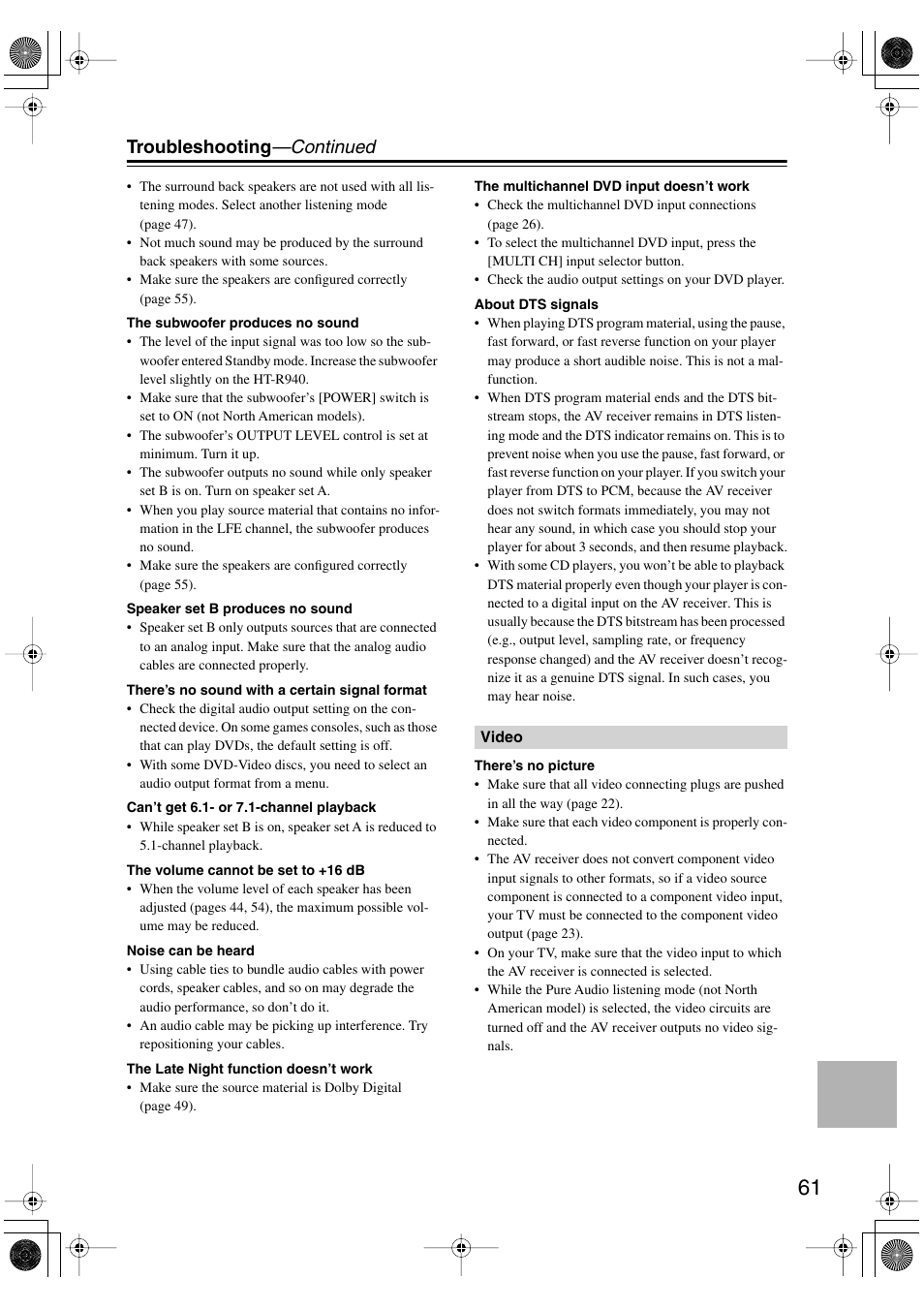 Troubleshooting —continued | Onkyo HT-S990THX User Manual | Page 61 / 68