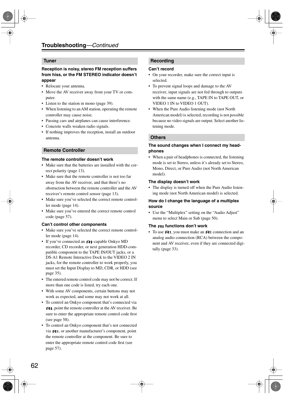Troubleshooting —continued | Onkyo HT-S990THX User Manual | Page 62 / 68
