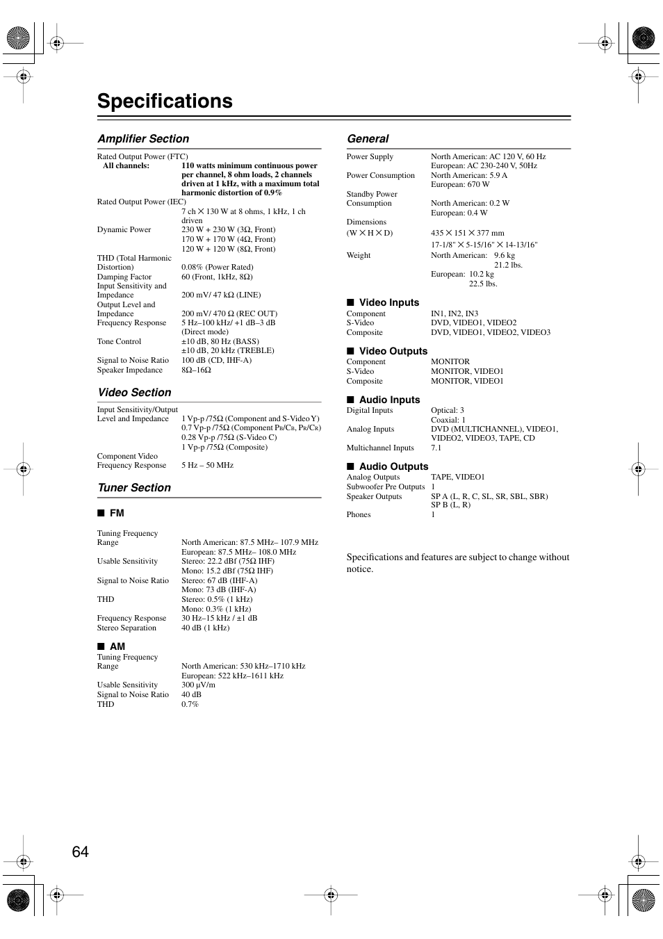 Specifications | Onkyo HT-S990THX User Manual | Page 64 / 68