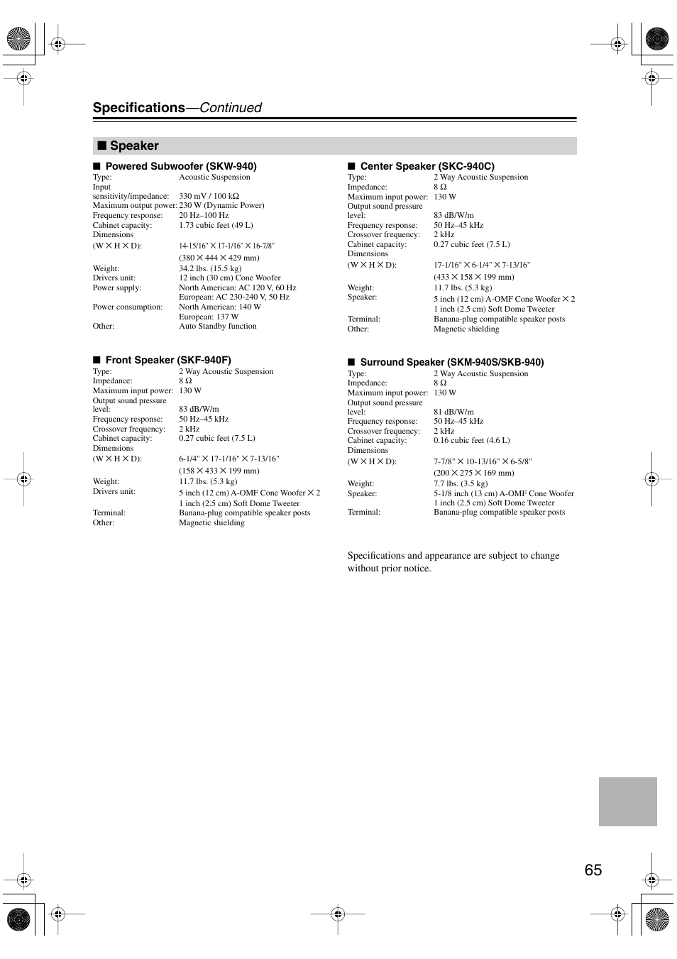 Specifications —continued, Speaker | Onkyo HT-S990THX User Manual | Page 65 / 68