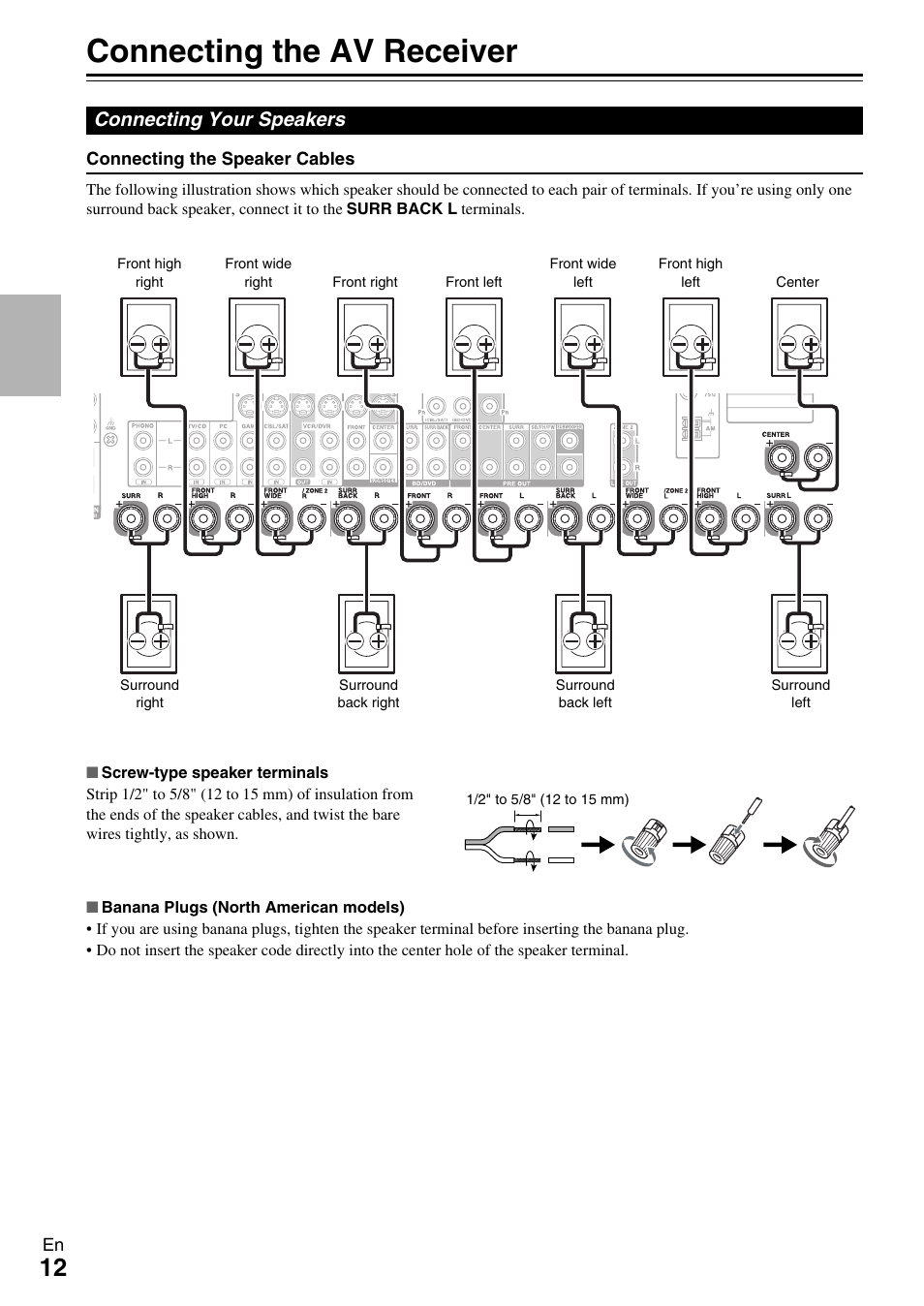 Connections, Connecting the av receiver, Connecting your speakers | See “connecting the av receiver” for con | Onkyo HT-RC370 User Manual | Page 12 / 92