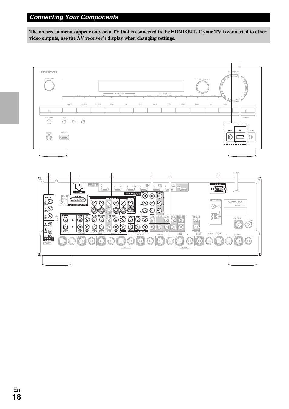 Connecting your components, Jack (18, Rt (18 | See “connecting your components | Onkyo HT-RC370 User Manual | Page 18 / 92