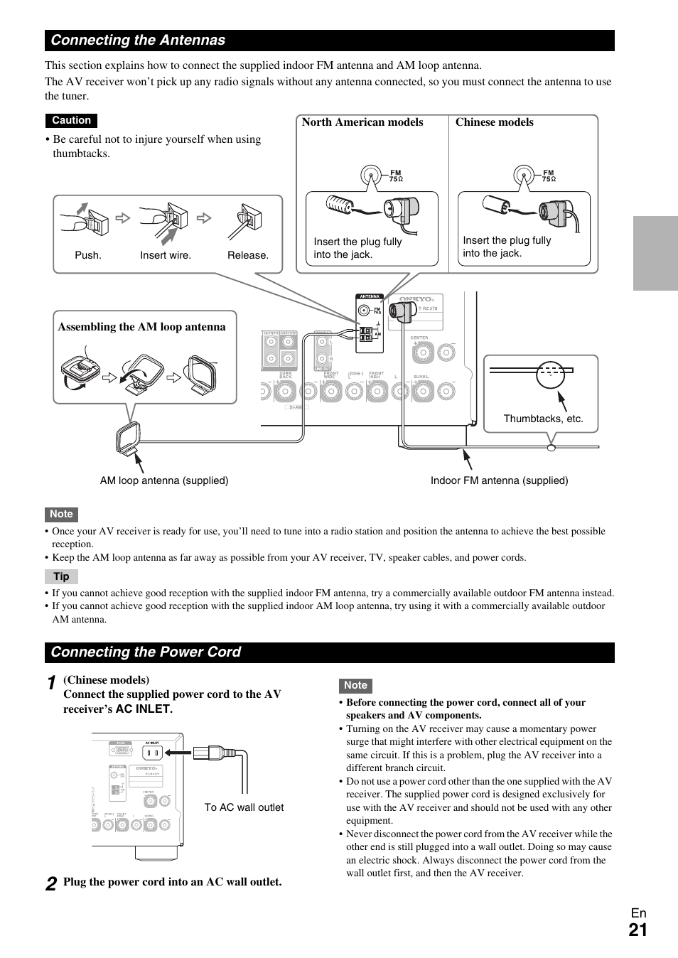 Connecting the antennas, Connecting the power cord, Connecting the antennas connecting the power cord | Onkyo HT-RC370 User Manual | Page 21 / 92