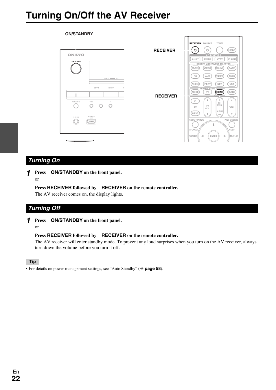 Turning on & basic operations, Turning on/off the av receiver, Turning on | Turning off, Turning on turning off, Button (22 | Onkyo HT-RC370 User Manual | Page 22 / 92