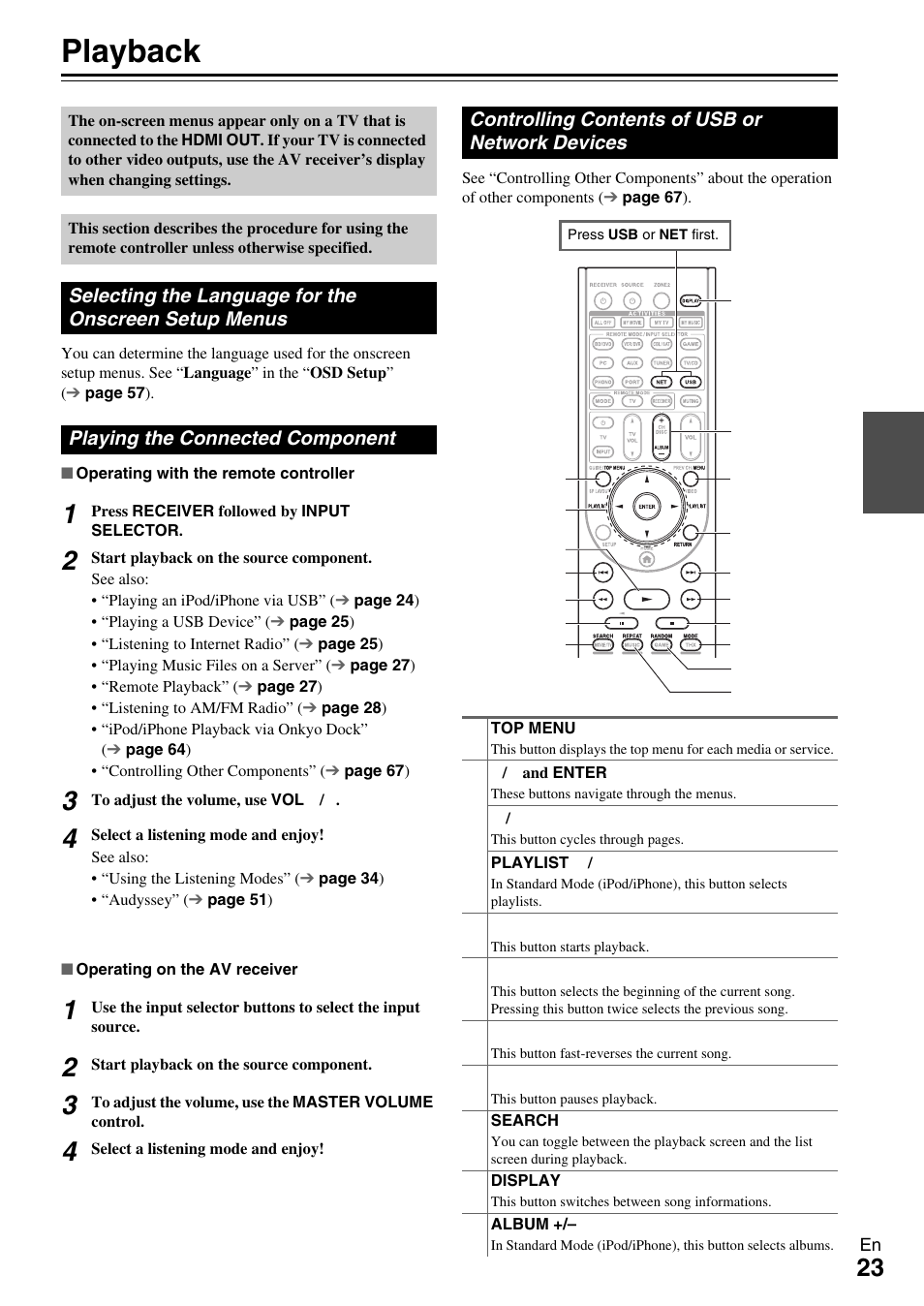 Playback, Playing the connected component, Controlling contents of usb or network devices | Selecting the language for, The onscreen setup menus | Onkyo HT-RC370 User Manual | Page 23 / 92