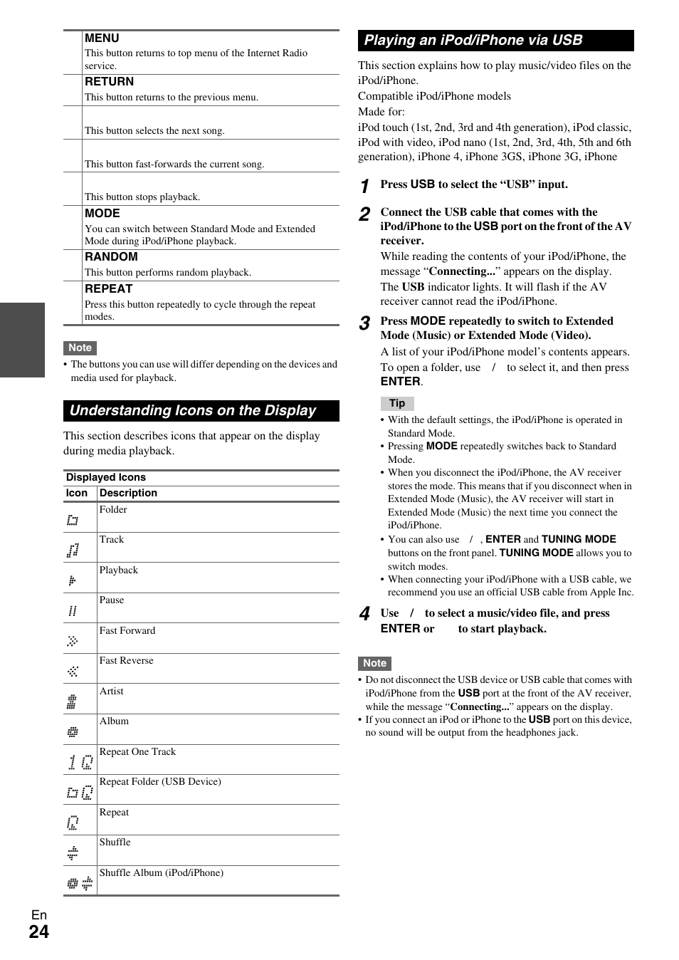 Understanding icons on the display, Playing an ipod/iphone via usb | Onkyo HT-RC370 User Manual | Page 24 / 92
