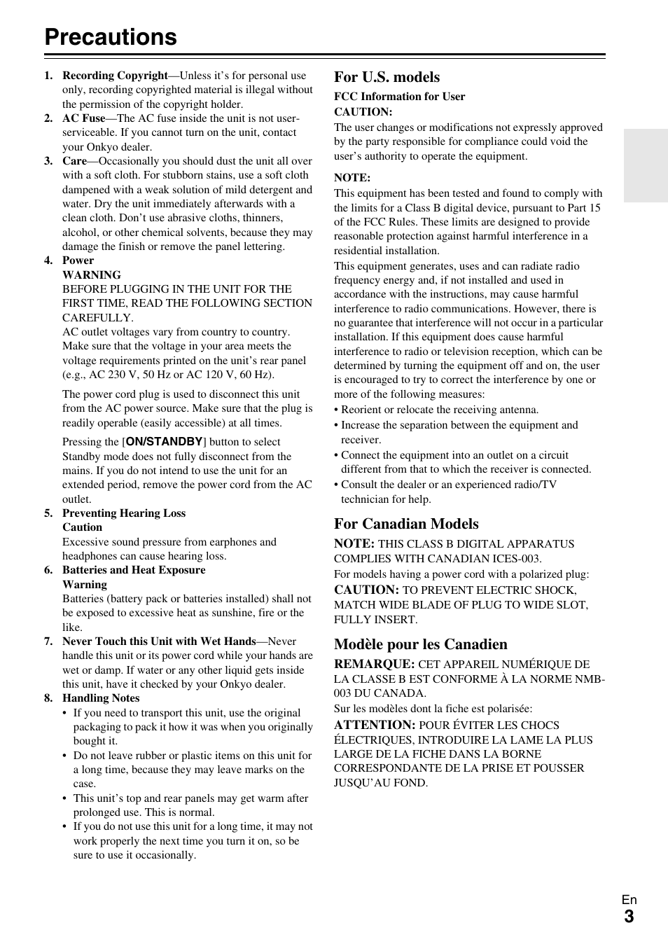 Precautions, For u.s. models, For canadian models | Modèle pour les canadien | Onkyo HT-RC370 User Manual | Page 3 / 92