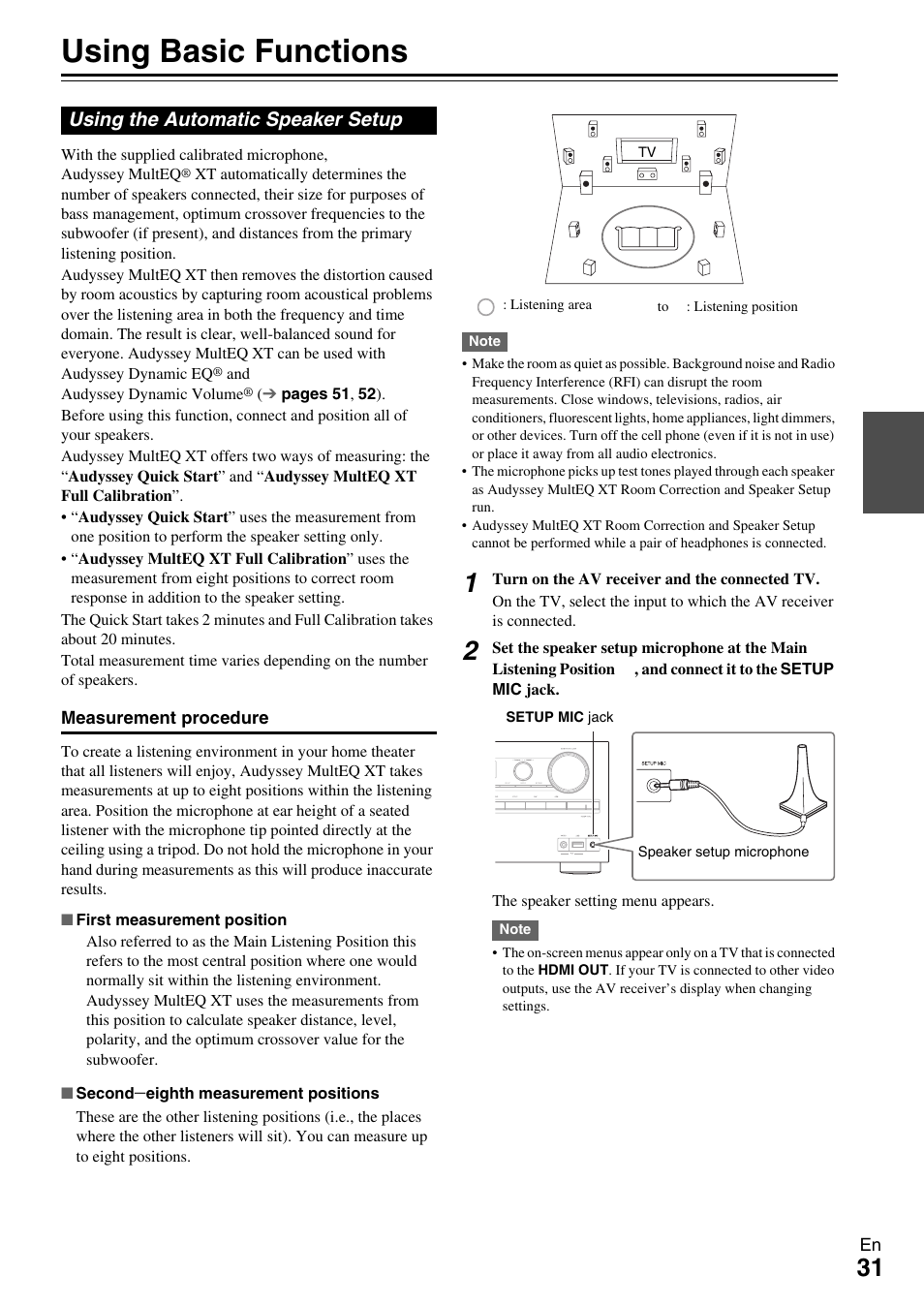 Using basic functions, Using the automatic speaker setup, Ck (31 | Onkyo HT-RC370 User Manual | Page 31 / 92