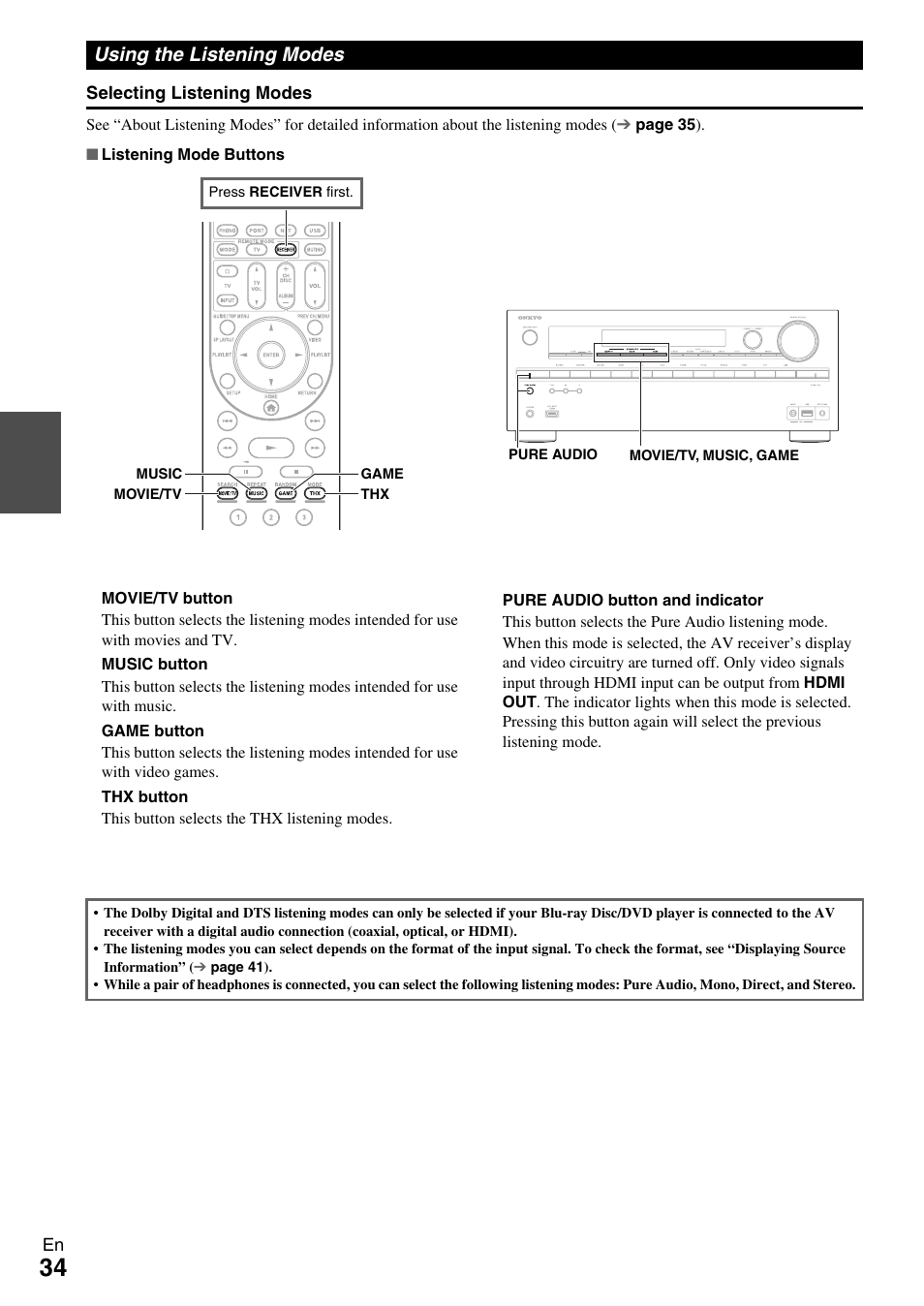 Using the listening modes, Buttons (34 | Onkyo HT-RC370 User Manual | Page 34 / 92