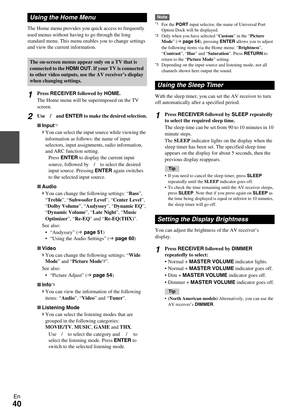 Using the home menu, Using the sleep timer, Setting the display brightness | Ls) (40 | Onkyo HT-RC370 User Manual | Page 40 / 92
