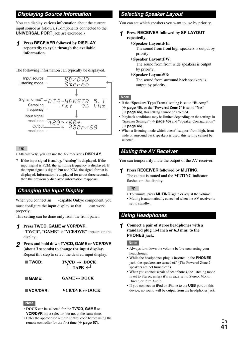 Displaying source information, Changing the input display, Selecting speaker layout | Muting the av receiver, Using headphones, Button (41, Ck (41 | Onkyo HT-RC370 User Manual | Page 41 / 92