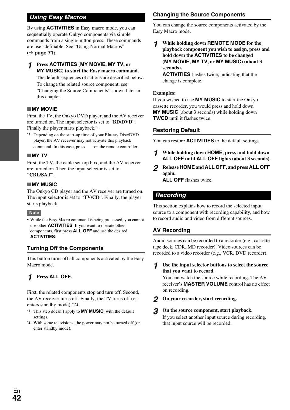 Using easy macros, Recording, Using easy macros recording | E “recording, See “recording” for de | Onkyo HT-RC370 User Manual | Page 42 / 92
