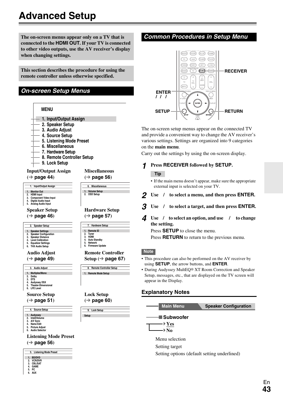 Advanced operations, Advanced setup, On-screen setup menus | Common procedures in setup menu, On (43, N (43, Advanced setup” f | Onkyo HT-RC370 User Manual | Page 43 / 92