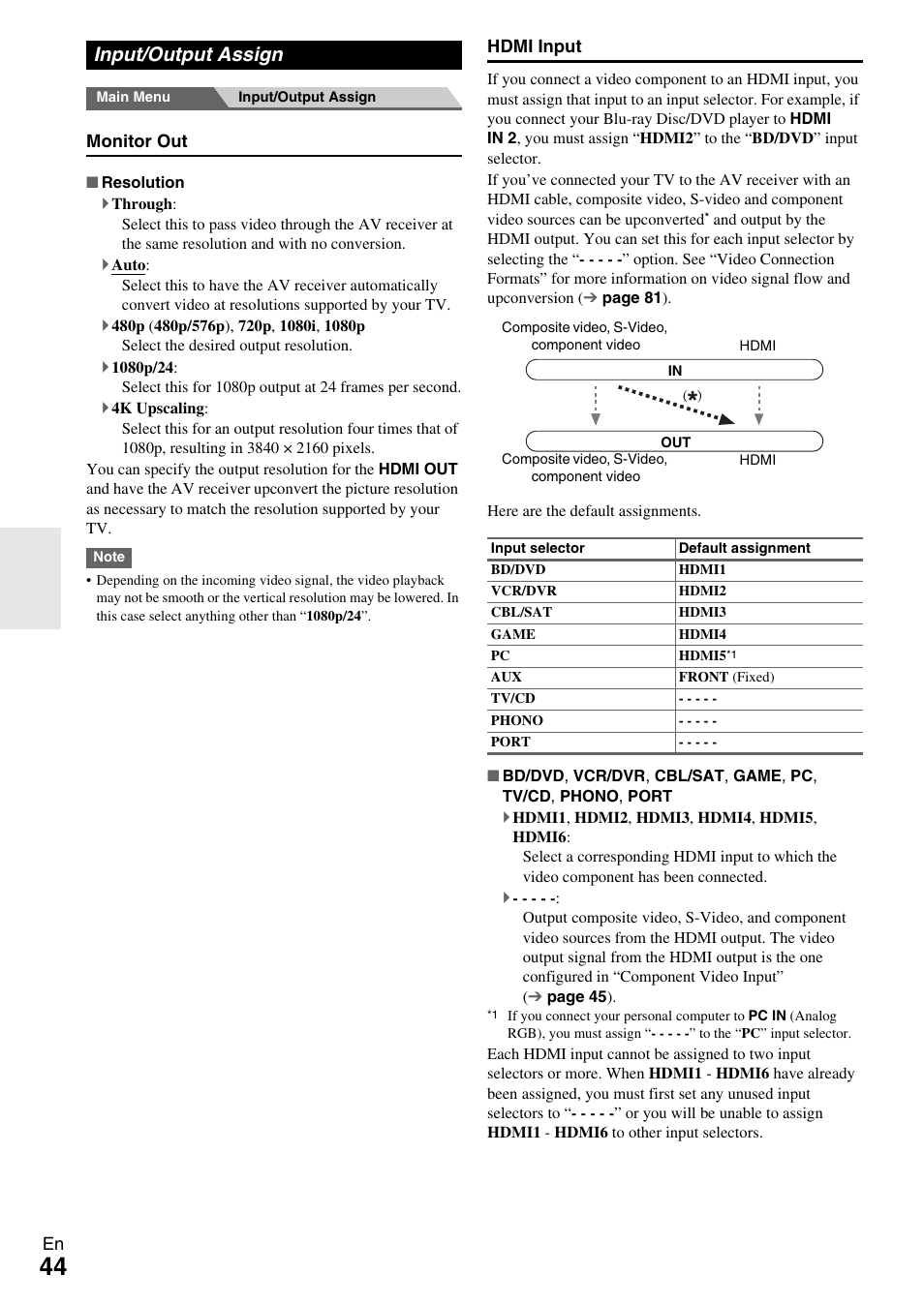 Input/output assign, Setting | Onkyo HT-RC370 User Manual | Page 44 / 92