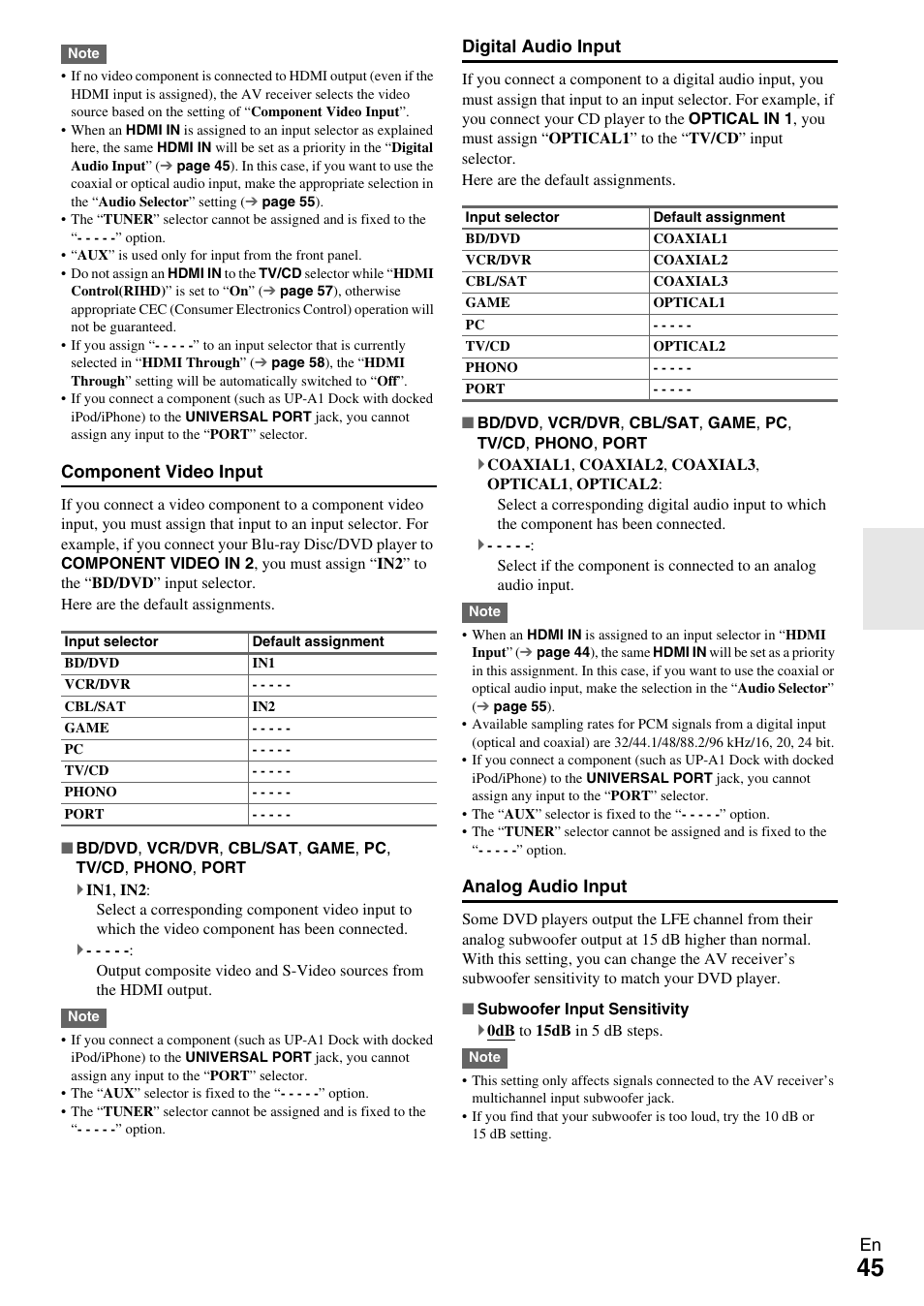 E “subwoofer input sensitivity, Nfigured in “component video input | Onkyo HT-RC370 User Manual | Page 45 / 92