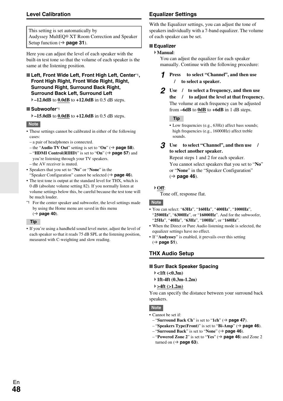 Level calibration, Equalizer settings | Onkyo HT-RC370 User Manual | Page 48 / 92