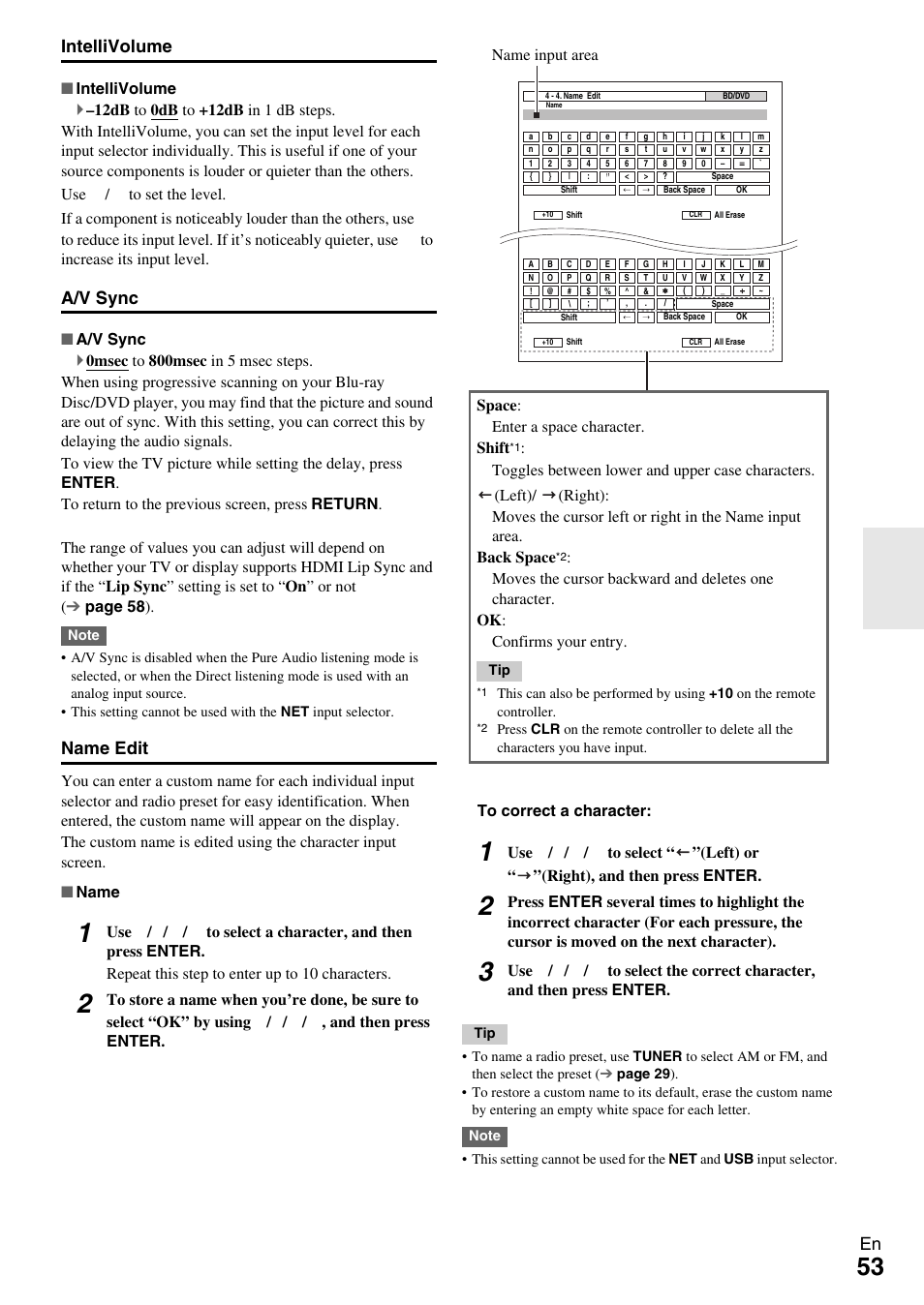 En intellivolume, A/v sync, Name edit | Onkyo HT-RC370 User Manual | Page 53 / 92