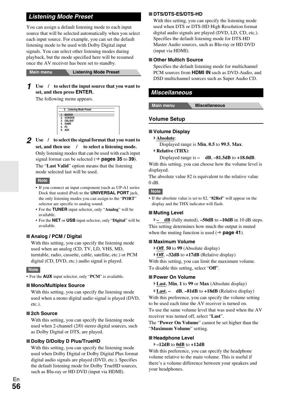 Listening mode preset, Miscellaneous, Listening mode preset miscellaneous | Onkyo HT-RC370 User Manual | Page 56 / 92