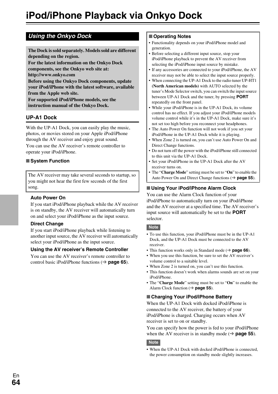 Controlling other components, Ipod/iphone playback via onkyo dock, Using the onkyo dock | Onkyo HT-RC370 User Manual | Page 64 / 92
