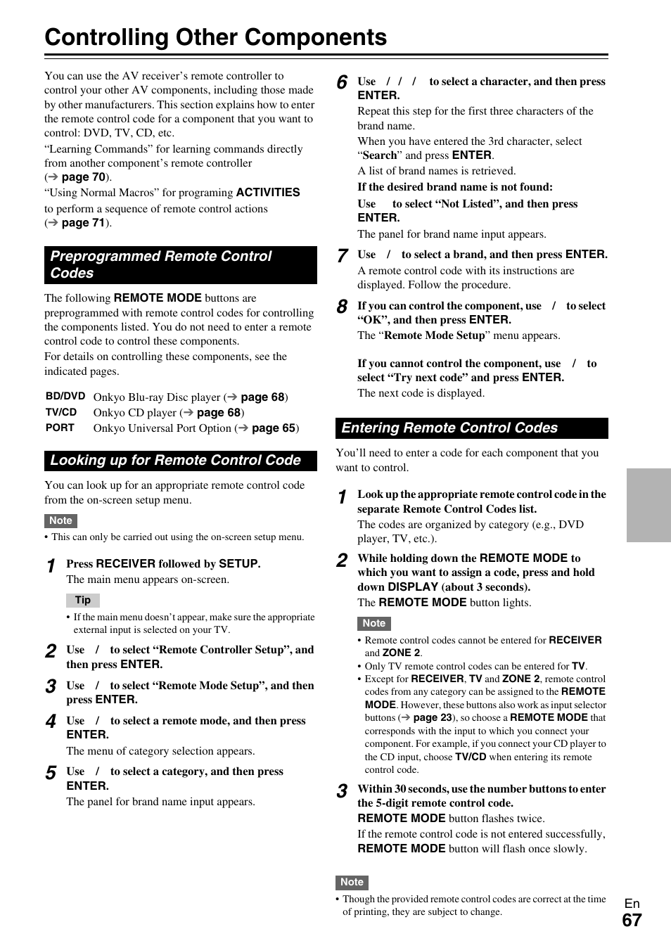 Controlling other components, Preprogrammed remote control codes, Looking up for remote control code | Entering remote control codes, E “entering remote control codes, See “controlling other components” about, Onents, See “looking up for remote control code, See “entering remote control codes | Onkyo HT-RC370 User Manual | Page 67 / 92