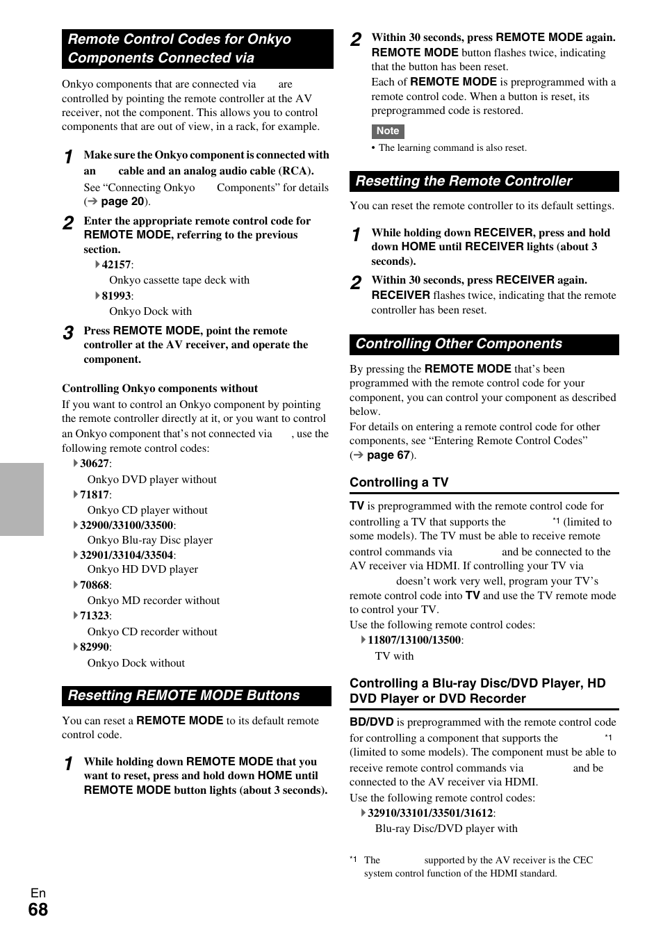 Resetting remote mode buttons, Resetting the remote controller, Controlling other components | Remote control codes for, Onkyo components connected via | Onkyo HT-RC370 User Manual | Page 68 / 92