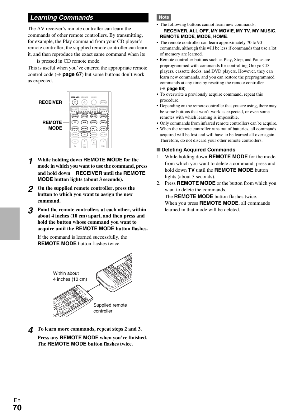 Learning commands, Receiver remote mode | Onkyo HT-RC370 User Manual | Page 70 / 92
