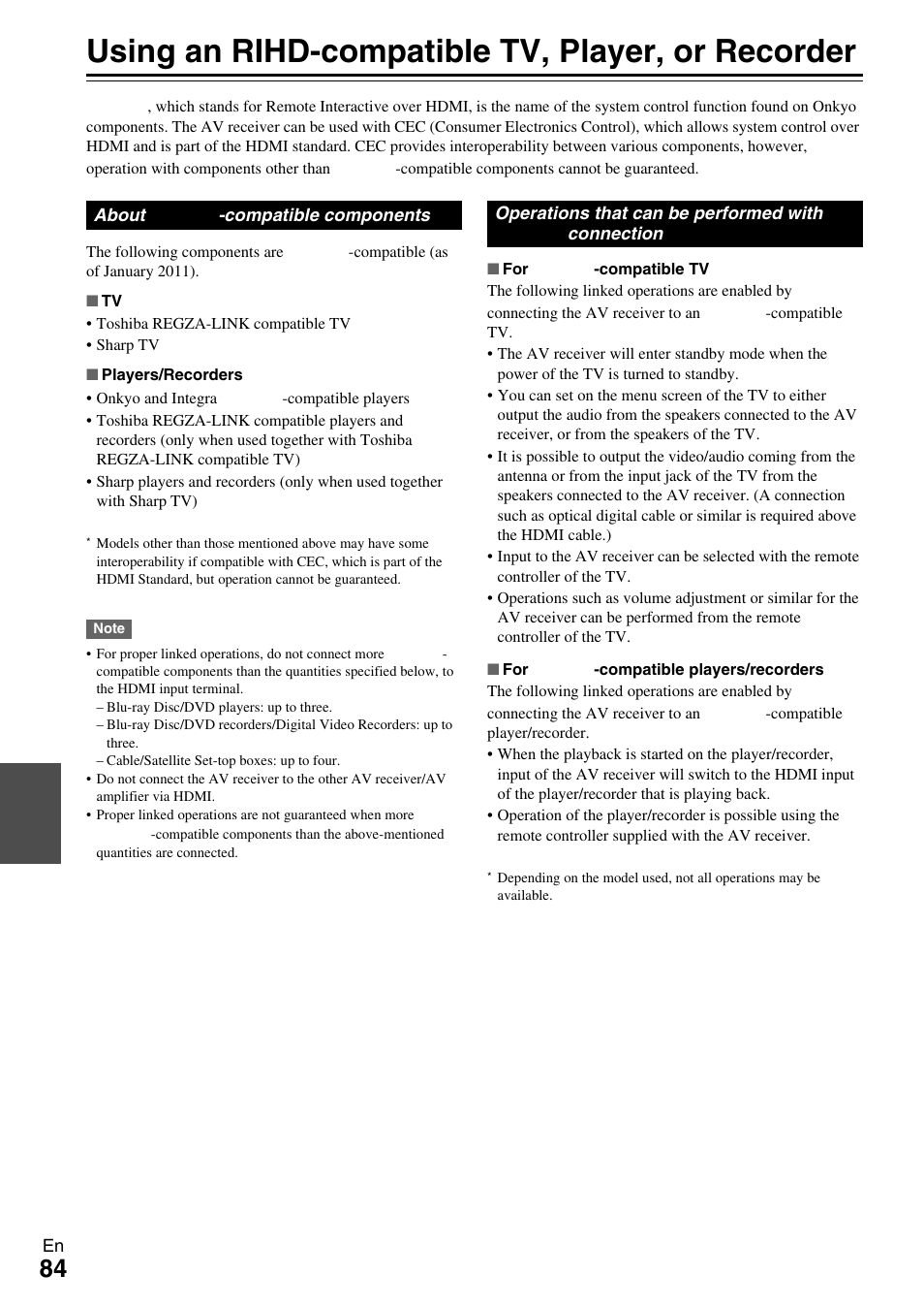 Using an rihd-compatible tv, player, or recorder, Using an rihd-compatible tv, player, Or recorder | Av receiver | Onkyo HT-RC370 User Manual | Page 84 / 92