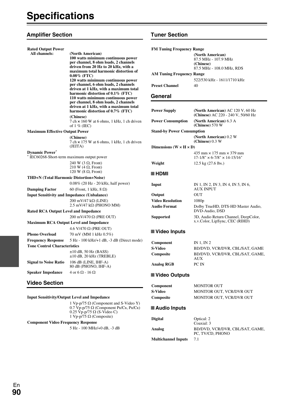 Specifications | Onkyo HT-RC370 User Manual | Page 90 / 92