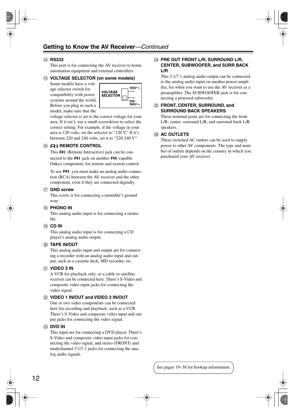 Getting to know the av receiver —continued | Onkyo TX-SR804E User Manual | Page 12 / 96