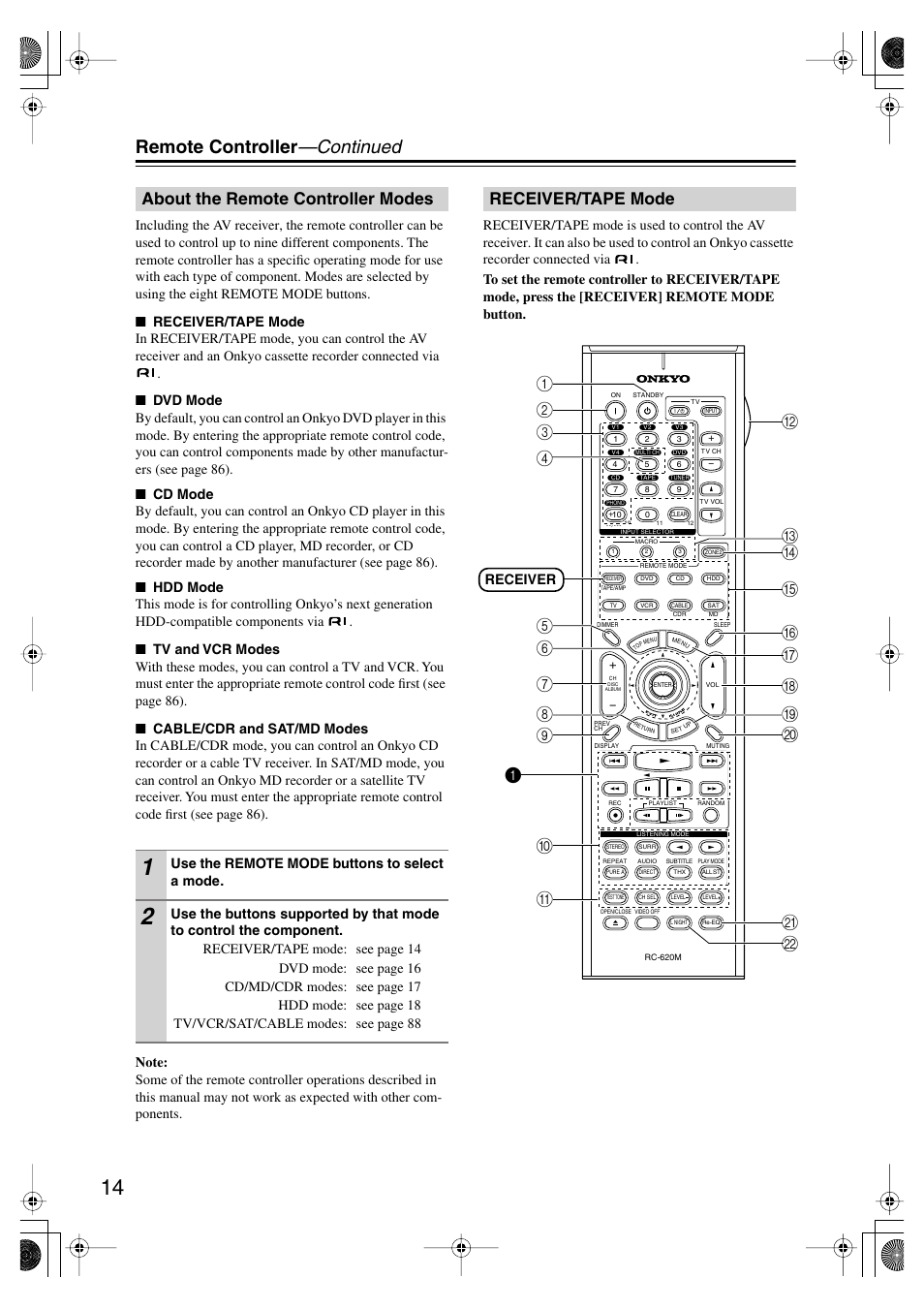 Remote controller —continued, About the remote controller modes, Receiver/tape mode | Onkyo TX-SR804E User Manual | Page 14 / 96