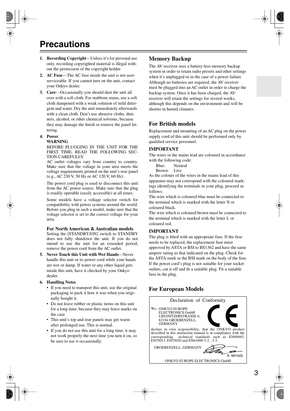 Precautions, For british models, For european models | Onkyo TX-SR804E User Manual | Page 3 / 96
